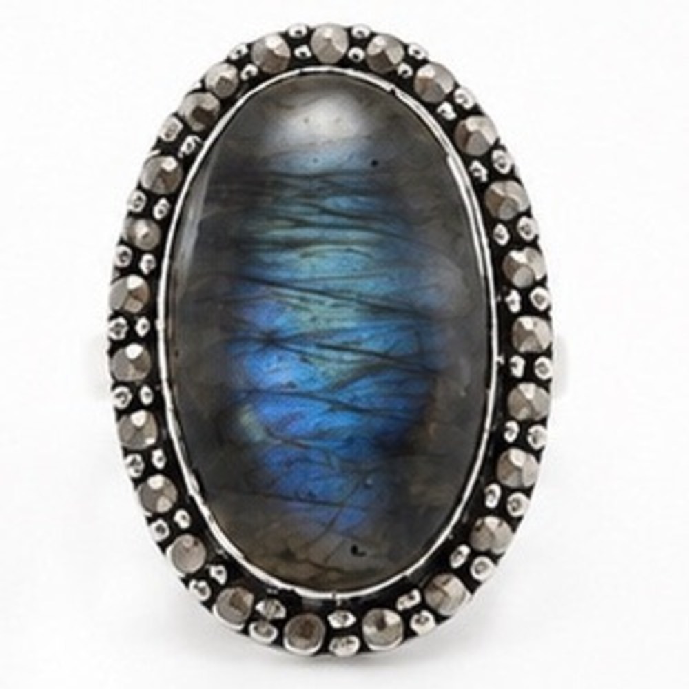 925 Sterling Silver Labradorite Marcasite Oval Statement Ring Blue Flash Sz 7.5